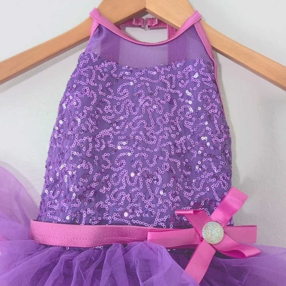 New Weissman Purple Pink Sequin Tutu Dance Costume Ruffle Skirt Halter Top XS